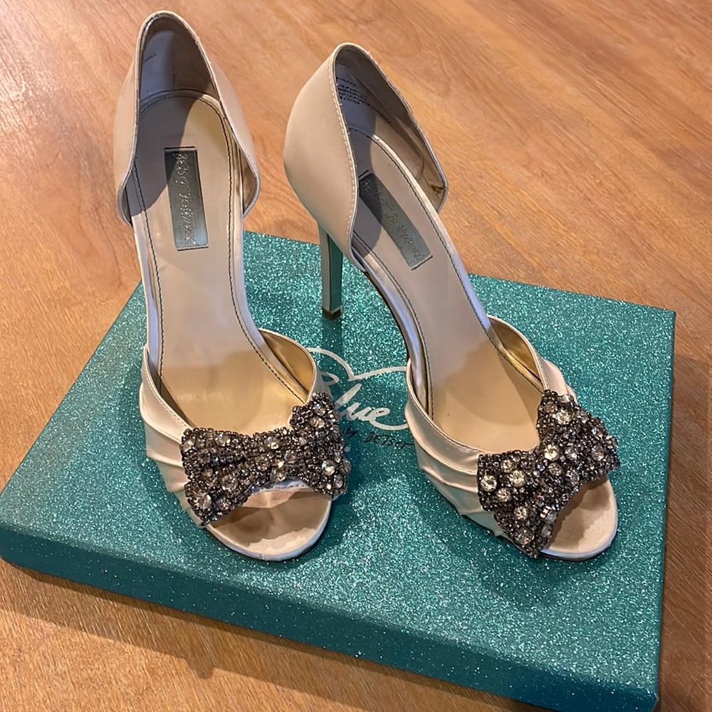 Blue by Betsey Johnson - Ivory satin heels with crystal bows